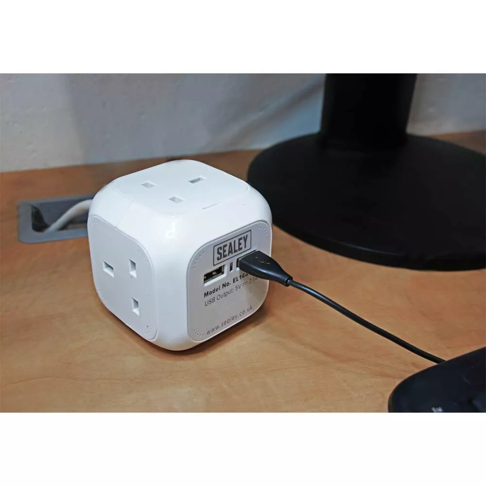 1.4m Powercube Extension Cable 4 x 230V & 2 x USB Sockets - White
